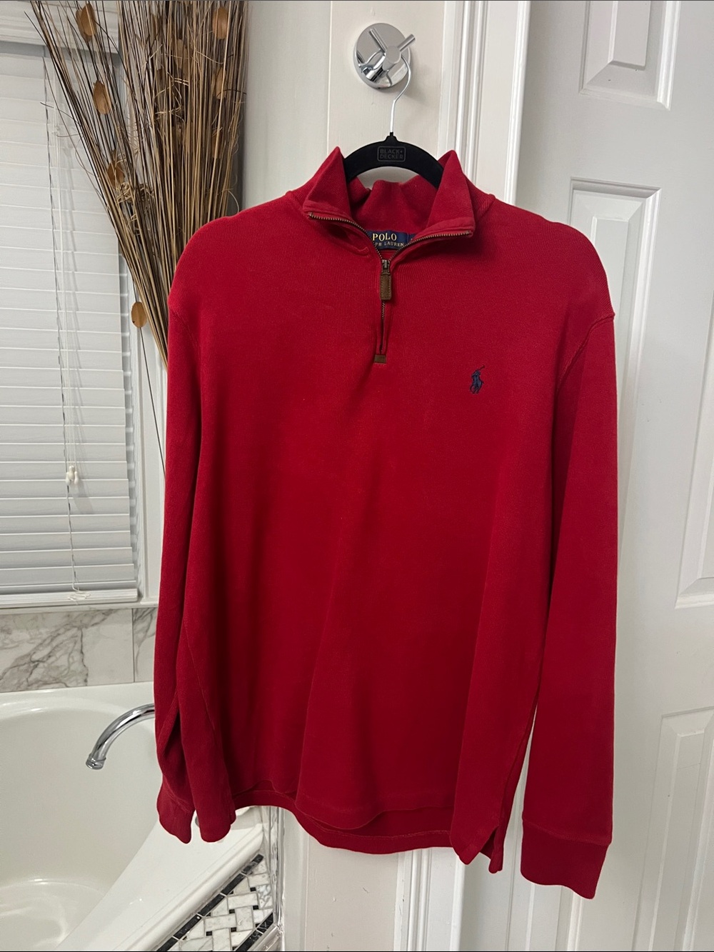 Polo by Ralph Lauren Men’s Red Half-Zip Sweater with Navy Pony
